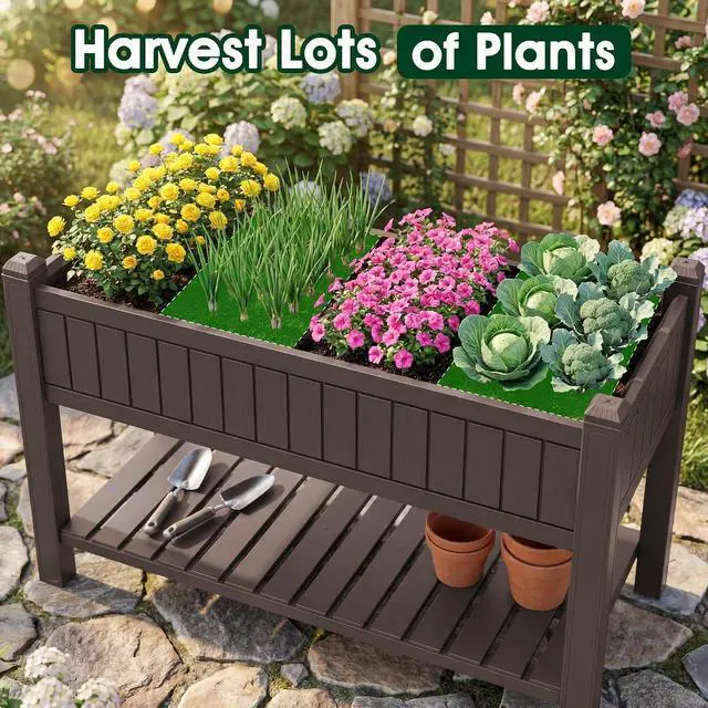 Alt view image 6 of 7 - 30 Gallon Raised Garden Bed with Legs, Evaluated Plastic Planter Box with Storage Shelf for Herbs, Vegetables, Flowers, Garden Planter for Backyard, Patio, Balcony