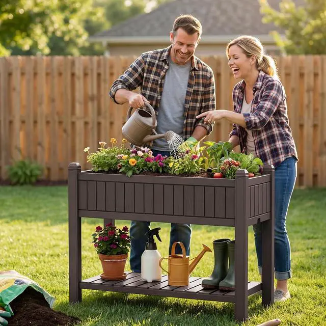 Alt view image 7 of 7 - 30 Gallon Raised Garden Bed with Legs, Evaluated Plastic Planter Box with Storage Shelf for Herbs, Vegetables, Flowers, Garden Planter for Backyard, Patio, Balcony