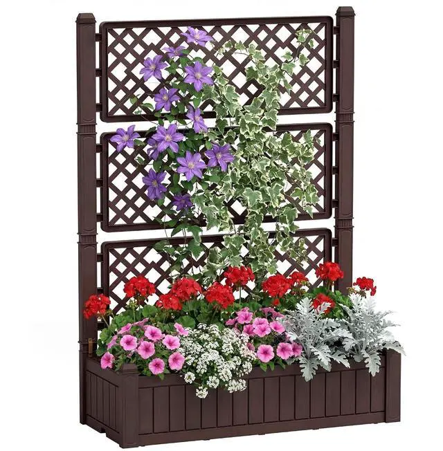 Main image of Raised Garden Bed with Trellis, Plastic Planter Box with Water Level Monitor for Climbing Plants, Flowers, Fruits, Ideal for Outdoor Patio, Balcony, Porch, 42.1" W x 58.9" H, Deep Brown