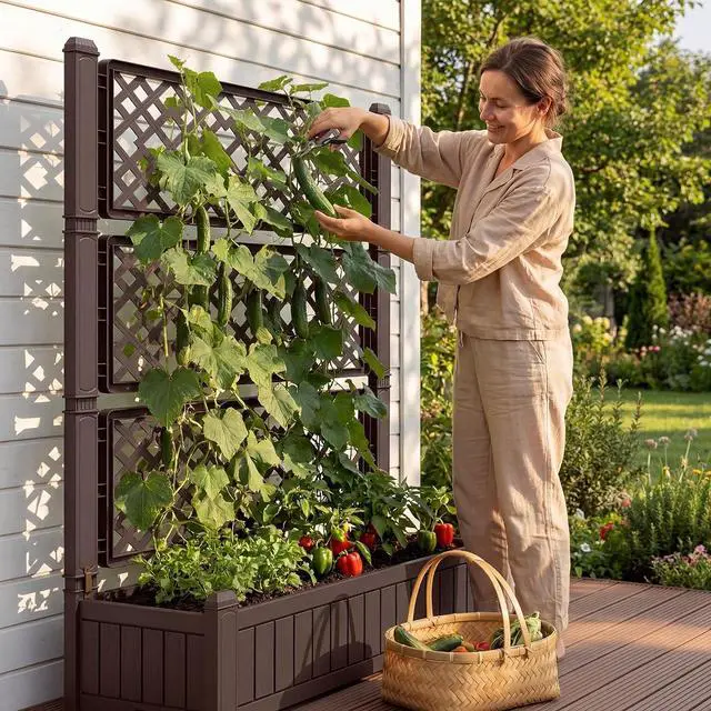 Alt view image 4 of 7 - Raised Garden Bed with Trellis, Plastic Planter Box with Water Level Monitor for Climbing Plants, Flowers, Fruits, Ideal for Outdoor Patio, Balcony, Porch, 42.1" W x 58.9" H, Deep Brown