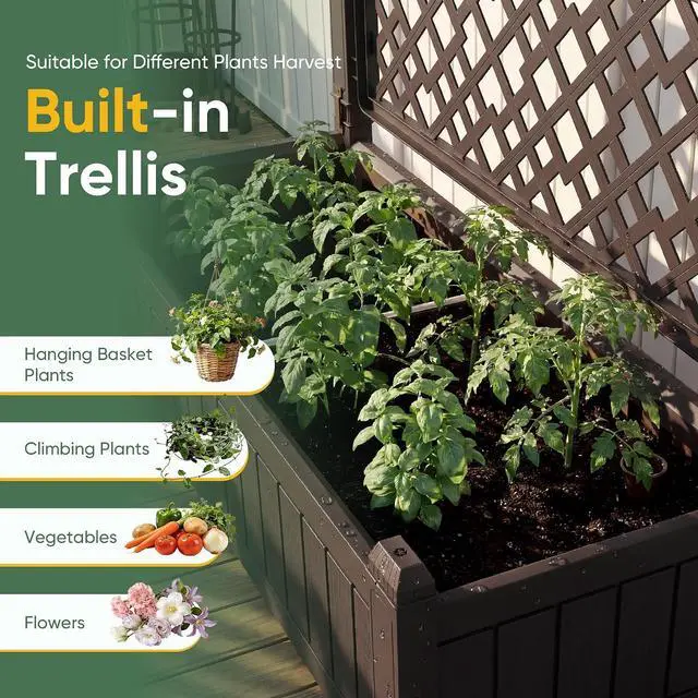 Alt view image 2 of 7 - Raised Garden Bed with Trellis, Plastic Planter Box with Water Level Monitor for Climbing Plants, Flowers, Fruits, Ideal for Outdoor Patio, Balcony, Porch, 42.1" W x 58.9" H, Deep Brown
