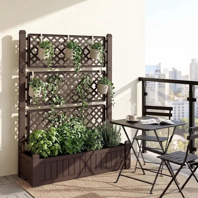 Alt view image 5 of 7 - Raised Garden Bed with Trellis, Plastic Planter Box with Water Level Monitor for Climbing Plants, Flowers, Fruits, Ideal for Outdoor Patio, Balcony, Porch, 42.1" W x 58.9" H, Deep Brown