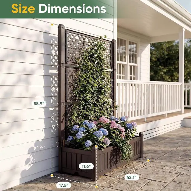 Alt view image 6 of 7 - Raised Garden Bed with Trellis, Plastic Planter Box with Water Level Monitor for Climbing Plants, Flowers, Fruits, Ideal for Outdoor Patio, Balcony, Porch, 42.1" W x 58.9" H, Deep Brown