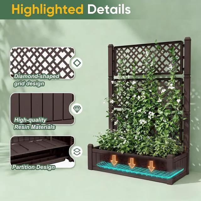 Alt view image 7 of 7 - Raised Garden Bed with Trellis, Plastic Planter Box with Water Level Monitor for Climbing Plants, Flowers, Fruits, Ideal for Outdoor Patio, Balcony, Porch, 42.1" W x 58.9" H, Deep Brown