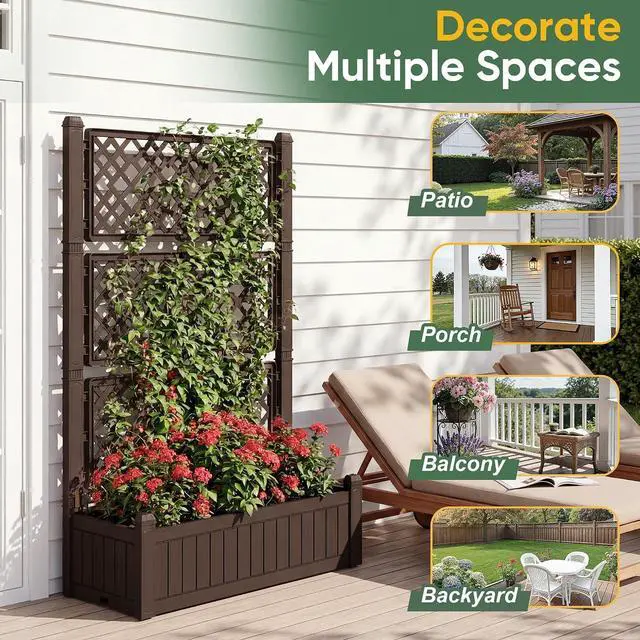 Alt view image 3 of 7 - Raised Garden Bed with Trellis, Plastic Planter Box with Water Level Monitor for Climbing Plants, Flowers, Fruits, Ideal for Outdoor Patio, Balcony, Porch, 42.1" W x 58.9" H, Deep Brown