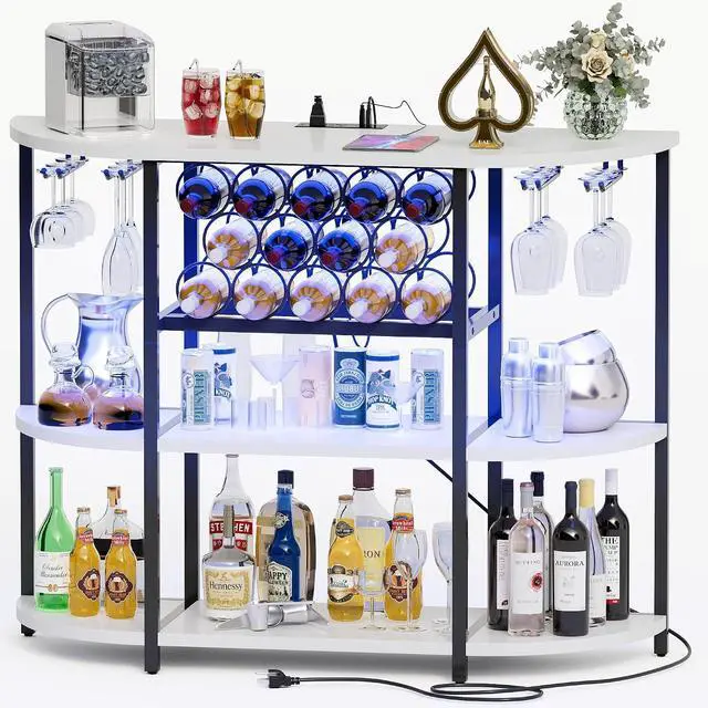 Main image of Wine Bar Cabinet for Liquor Bar Table Bar Cabinet with Lights and Outlet 4-Tier Storage Freestanding Wine Racks with Glass Holder Mini Bars for Home, Bar