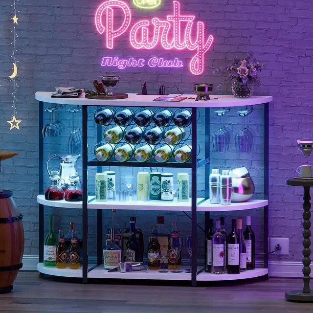 Alt view image 2 of 7 - Wine Bar Cabinet for Liquor Bar Table Bar Cabinet with Lights and Outlet 4-Tier Storage Freestanding Wine Racks with Glass Holder Mini Bars for Home, Bar