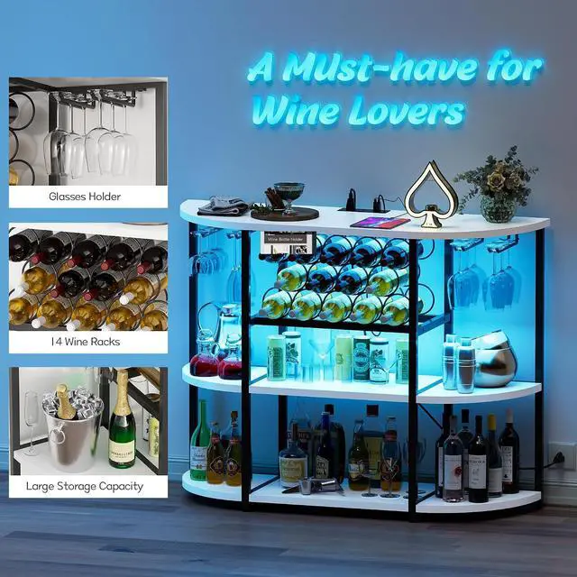 Alt view image 4 of 7 - Wine Bar Cabinet for Liquor Bar Table Bar Cabinet with Lights and Outlet 4-Tier Storage Freestanding Wine Racks with Glass Holder Mini Bars for Home, Bar