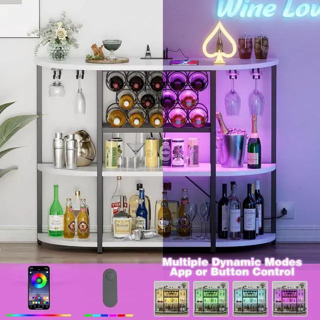 Alt view image 5 of 7 - Wine Bar Cabinet for Liquor Bar Table Bar Cabinet with Lights and Outlet 4-Tier Storage Freestanding Wine Racks with Glass Holder Mini Bars for Home, Bar