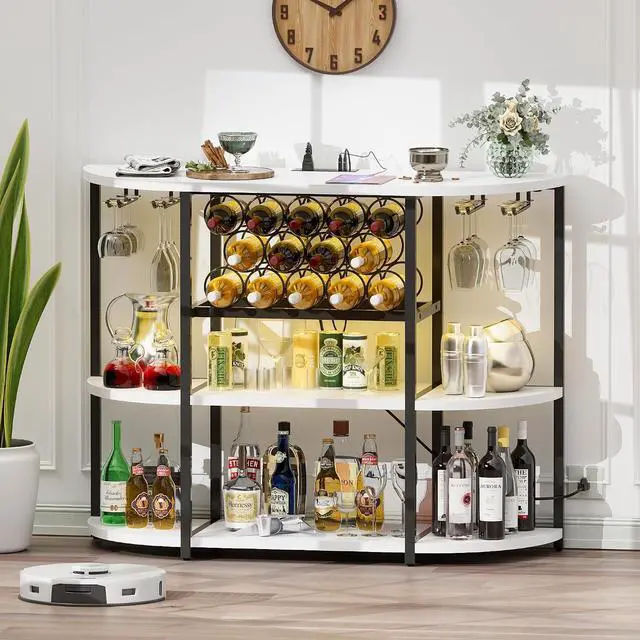 Alt view image 7 of 7 - Wine Bar Cabinet for Liquor Bar Table Bar Cabinet with Lights and Outlet 4-Tier Storage Freestanding Wine Racks with Glass Holder Mini Bars for Home, Bar