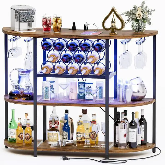 Main image of Wine Bar Cabinet for Liquor Bar Table Bar Cabinet with Lights and Outlet 4-Tier Storage Freestanding Wine Racks with Glass Holder Mini Bars for Home, Bar