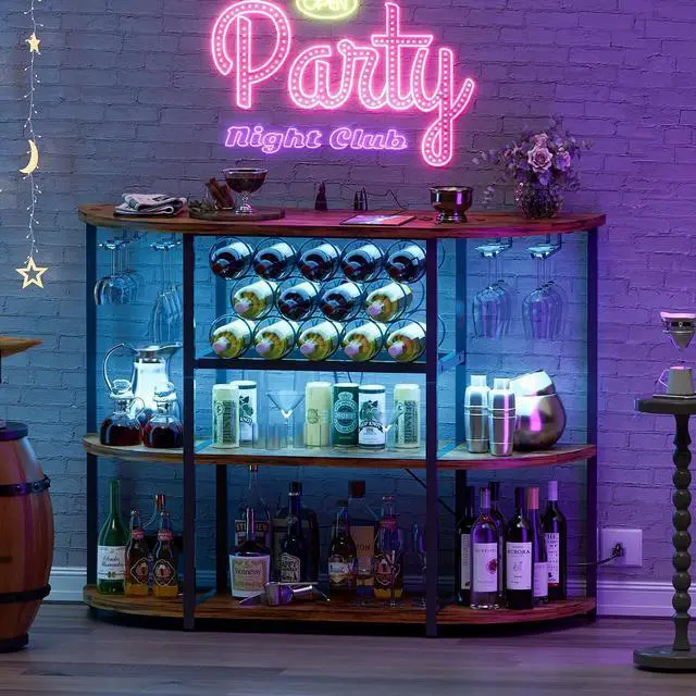 Alt view image 2 of 7 - Wine Bar Cabinet for Liquor Bar Table Bar Cabinet with Lights and Outlet 4-Tier Storage Freestanding Wine Racks with Glass Holder Mini Bars for Home, Bar
