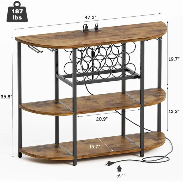Alt view image 3 of 7 - Wine Bar Cabinet for Liquor Bar Table Bar Cabinet with Lights and Outlet 4-Tier Storage Freestanding Wine Racks with Glass Holder Mini Bars for Home, Bar