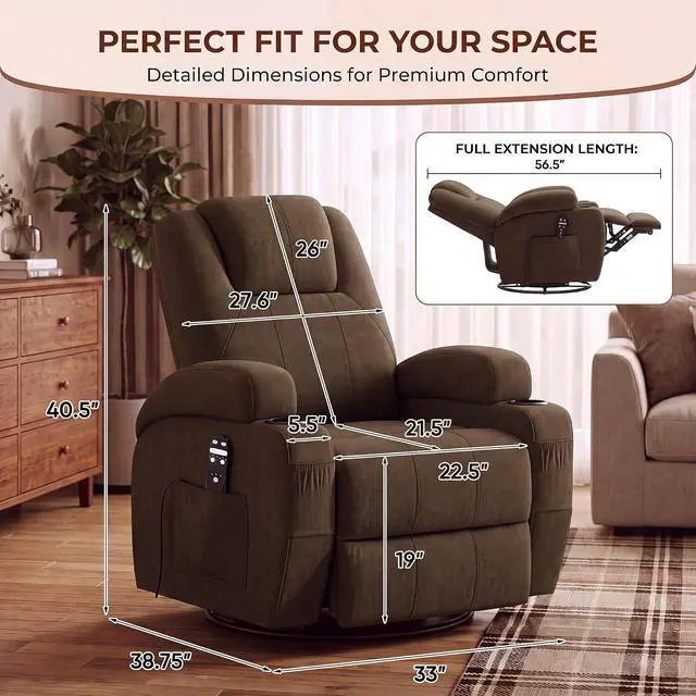Alt view image 2 of 7 - Recliner Chair, 360° Swivel Rocker Chair for Adults, Rocking Recliner Chair with Massage, Comfy Single Sofa with Side Pockets Cup Holders for Living Room, Bedroom, Nursery (Fabric, Brown)