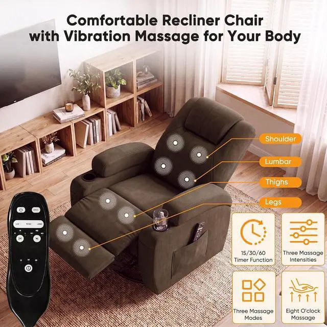 Alt view image 3 of 7 - Recliner Chair, 360° Swivel Rocker Chair for Adults, Rocking Recliner Chair with Massage, Comfy Single Sofa with Side Pockets Cup Holders for Living Room, Bedroom, Nursery (Fabric, Brown)