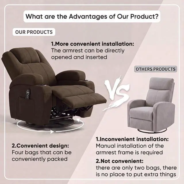 Alt view image 5 of 7 - Recliner Chair, 360° Swivel Rocker Chair for Adults, Rocking Recliner Chair with Massage, Comfy Single Sofa with Side Pockets Cup Holders for Living Room, Bedroom, Nursery (Fabric, Brown)
