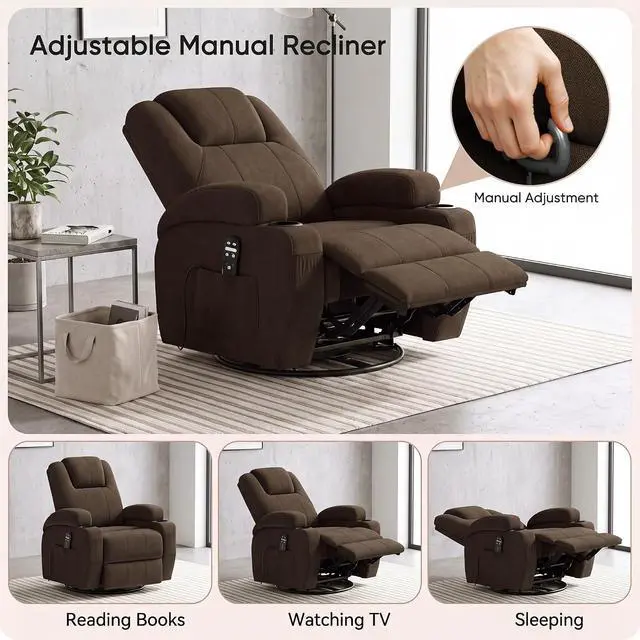 Alt view image 4 of 7 - Recliner Chair, 360° Swivel Rocker Chair for Adults, Rocking Recliner Chair with Massage, Comfy Single Sofa with Side Pockets Cup Holders for Living Room, Bedroom, Nursery (Fabric, Brown)