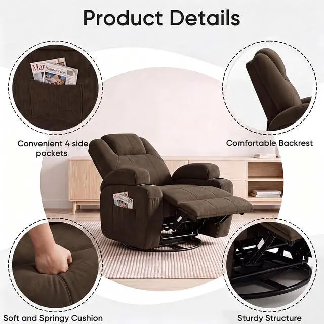 Alt view image 7 of 7 - Recliner Chair, 360° Swivel Rocker Chair for Adults, Rocking Recliner Chair with Massage, Comfy Single Sofa with Side Pockets Cup Holders for Living Room, Bedroom, Nursery (Fabric, Brown)
