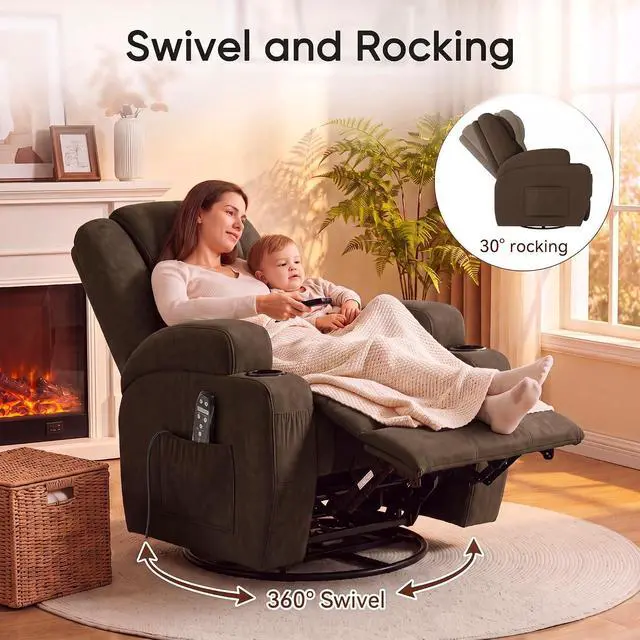 Alt view image 6 of 7 - Recliner Chair, 360° Swivel Rocker Chair for Adults, Rocking Recliner Chair with Massage, Comfy Single Sofa with Side Pockets Cup Holders for Living Room, Bedroom, Nursery (Fabric, Brown)