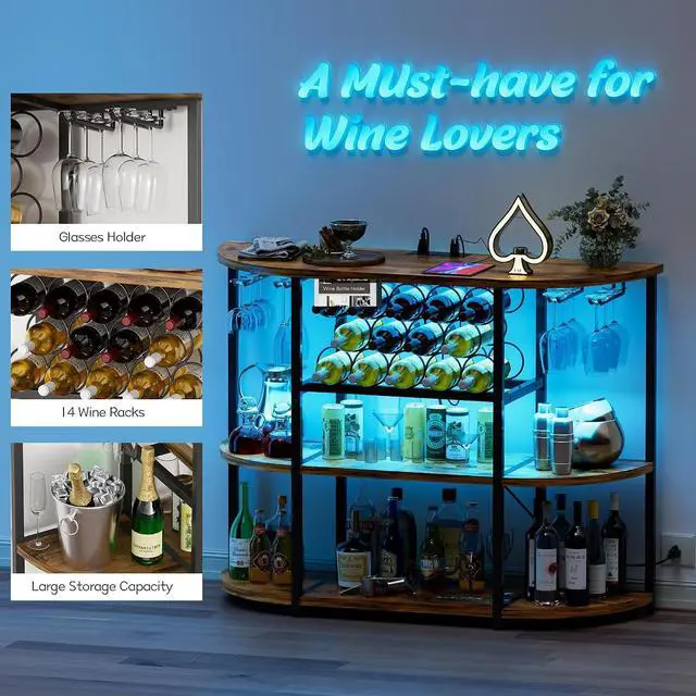 Alt view image 4 of 7 - Wine Bar Cabinet for Liquor Bar Table Bar Cabinet with Lights and Outlet 4-Tier Storage Freestanding Wine Racks with Glass Holder Mini Bars for Home, Bar