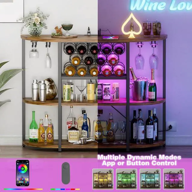 Alt view image 5 of 7 - Wine Bar Cabinet for Liquor Bar Table Bar Cabinet with Lights and Outlet 4-Tier Storage Freestanding Wine Racks with Glass Holder Mini Bars for Home, Bar