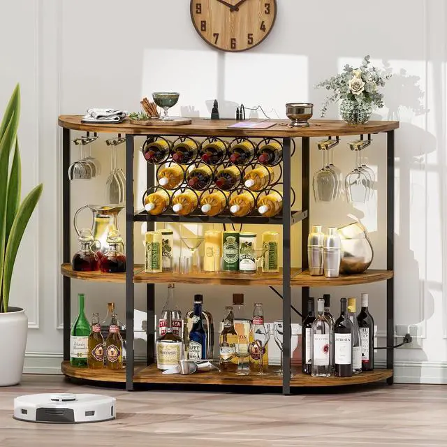 Alt view image 7 of 7 - Wine Bar Cabinet for Liquor Bar Table Bar Cabinet with Lights and Outlet 4-Tier Storage Freestanding Wine Racks with Glass Holder Mini Bars for Home, Bar
