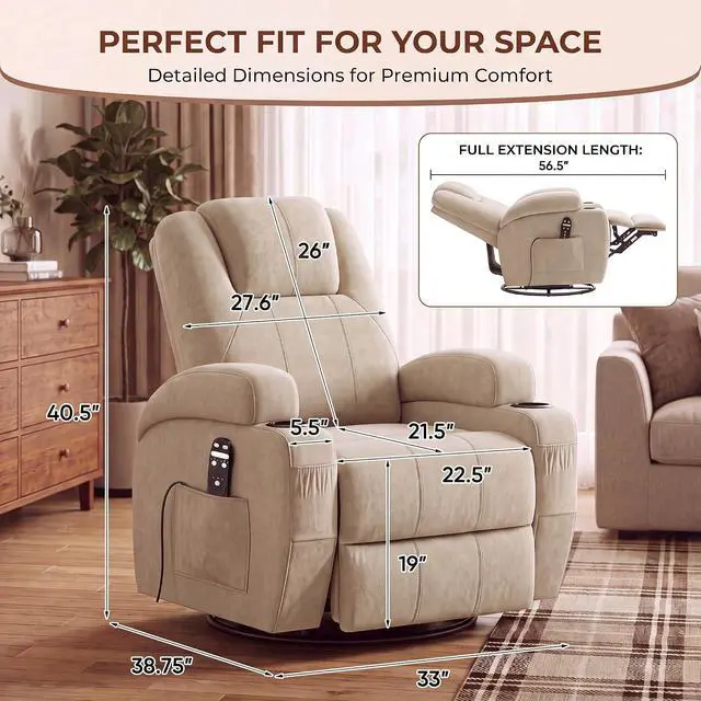Alt view image 2 of 7 - Recliner Chair, 360° Swivel Rocker Chair for Adults, Rocking Recliner Chair with Massage, Comfy Single Sofa with Side Pockets Cup Holders for Living Room, Bedroom, Nursery (Fabric, Khaki)