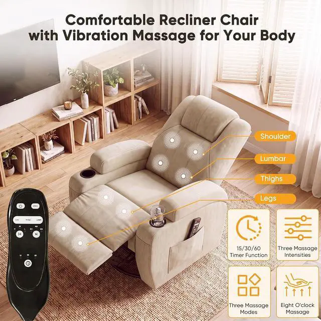 Alt view image 3 of 7 - Recliner Chair, 360° Swivel Rocker Chair for Adults, Rocking Recliner Chair with Massage, Comfy Single Sofa with Side Pockets Cup Holders for Living Room, Bedroom, Nursery (Fabric, Khaki)