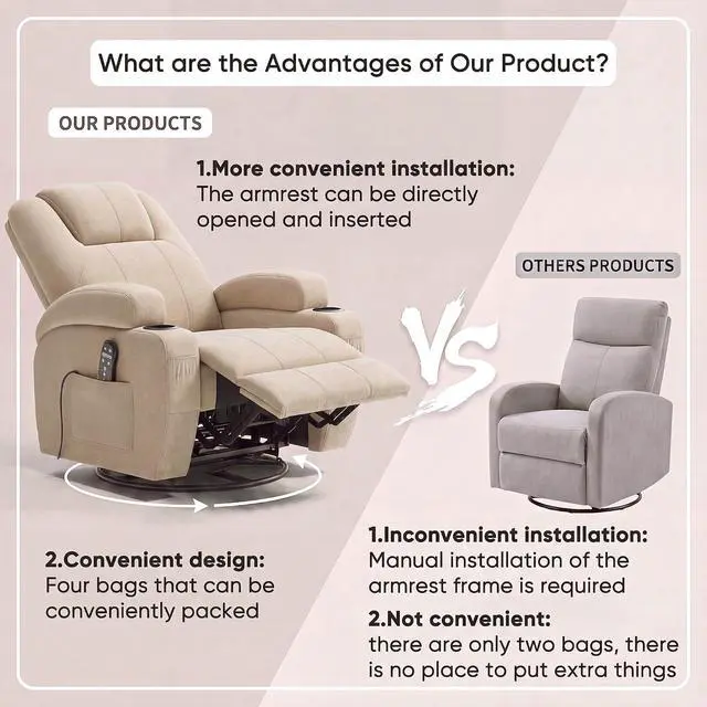 Alt view image 5 of 7 - Recliner Chair, 360° Swivel Rocker Chair for Adults, Rocking Recliner Chair with Massage, Comfy Single Sofa with Side Pockets Cup Holders for Living Room, Bedroom, Nursery (Fabric, Khaki)