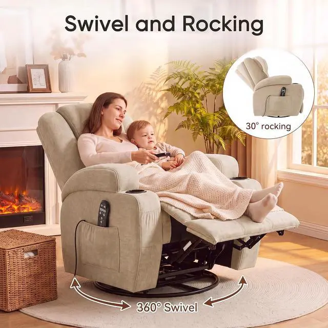 Alt view image 6 of 7 - Recliner Chair, 360° Swivel Rocker Chair for Adults, Rocking Recliner Chair with Massage, Comfy Single Sofa with Side Pockets Cup Holders for Living Room, Bedroom, Nursery (Fabric, Khaki)