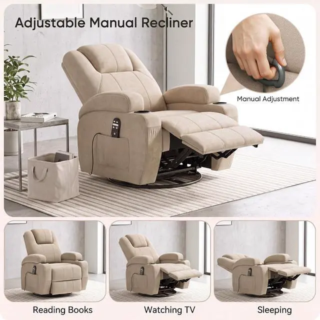 Alt view image 4 of 7 - Recliner Chair, 360° Swivel Rocker Chair for Adults, Rocking Recliner Chair with Massage, Comfy Single Sofa with Side Pockets Cup Holders for Living Room, Bedroom, Nursery (Fabric, Khaki)