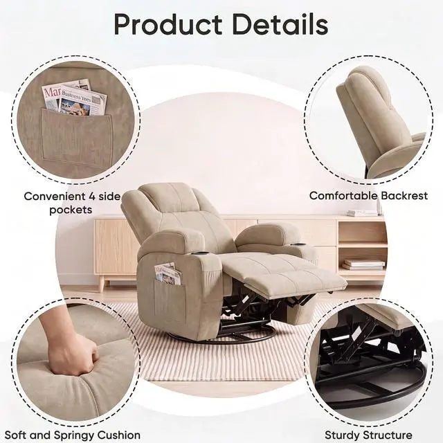 Alt view image 7 of 7 - Recliner Chair, 360° Swivel Rocker Chair for Adults, Rocking Recliner Chair with Massage, Comfy Single Sofa with Side Pockets Cup Holders for Living Room, Bedroom, Nursery (Fabric, Khaki)