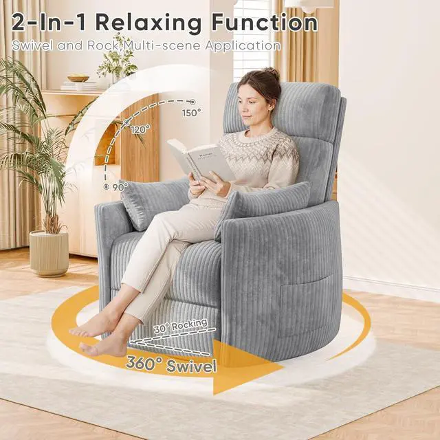 Alt view image 3 of 7 - Swivel Recliner Chair, Massage Nursery Rocking Chair with 2 Pillows, Comfy Single Sofa Glider Rocking Chair with Side Pockets for Living Room (Corduroy, Dark Grey)