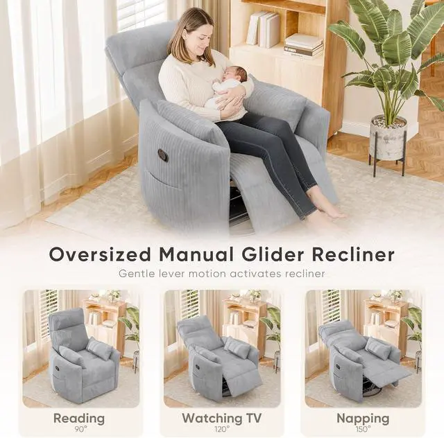 Alt view image 4 of 7 - Swivel Recliner Chair, Massage Nursery Rocking Chair with 2 Pillows, Comfy Single Sofa Glider Rocking Chair with Side Pockets for Living Room (Corduroy, Dark Grey)