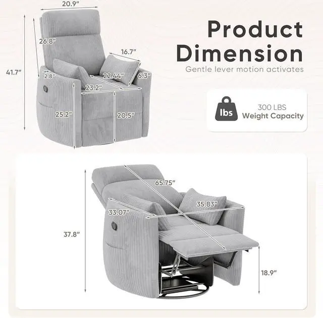 Alt view image 2 of 7 - Swivel Recliner Chair, Massage Nursery Rocking Chair with 2 Pillows, Comfy Single Sofa Glider Rocking Chair with Side Pockets for Living Room (Corduroy, Dark Grey)