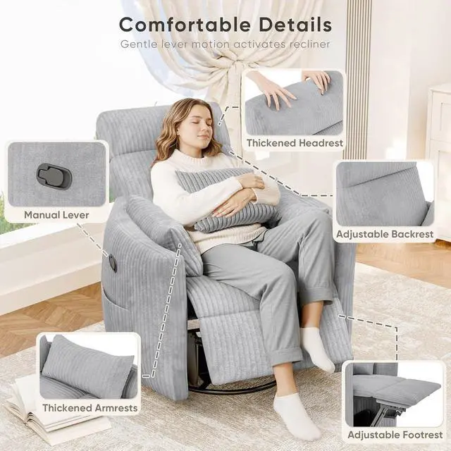Alt view image 5 of 7 - Swivel Recliner Chair, Massage Nursery Rocking Chair with 2 Pillows, Comfy Single Sofa Glider Rocking Chair with Side Pockets for Living Room (Corduroy, Dark Grey)