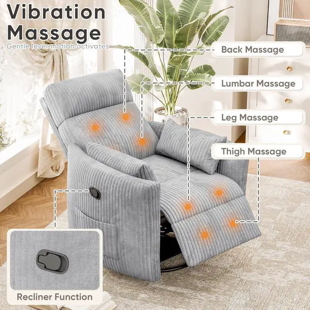 Alt view image 6 of 7 - Swivel Recliner Chair, Massage Nursery Rocking Chair with 2 Pillows, Comfy Single Sofa Glider Rocking Chair with Side Pockets for Living Room (Corduroy, Dark Grey)