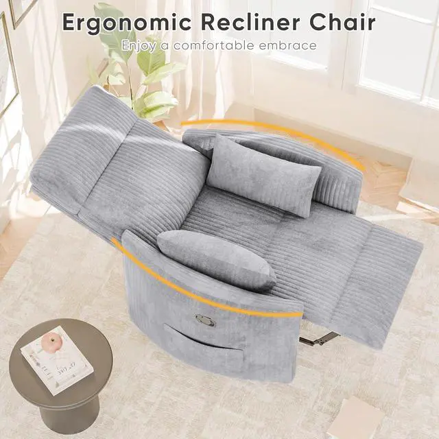 Alt view image 7 of 7 - Swivel Recliner Chair, Massage Nursery Rocking Chair with 2 Pillows, Comfy Single Sofa Glider Rocking Chair with Side Pockets for Living Room (Corduroy, Dark Grey)