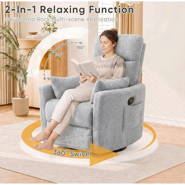 Alt view image 3 of 7 - Swivel Recliner Chair, Massage Nursery Rocking Chair with 2 Pillows, Comfy Single Sofa Glider Rocking Chair with Side Pockets for Living Room (Fabric, Grey)