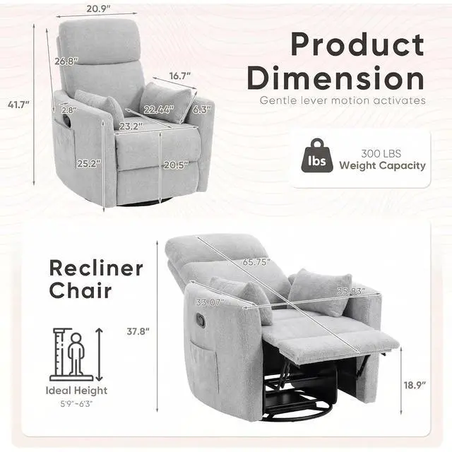 Alt view image 2 of 7 - Swivel Recliner Chair, Massage Nursery Rocking Chair with 2 Pillows, Comfy Single Sofa Glider Rocking Chair with Side Pockets for Living Room (Fabric, Grey)