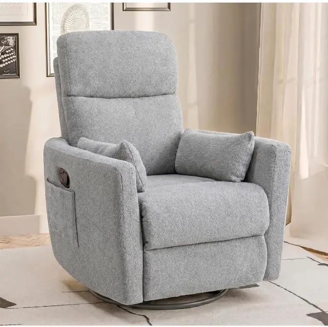 Main image of Swivel Recliner Chair, Massage Nursery Rocking Chair with 2 Pillows, Comfy Single Sofa Glider Rocking Chair with Side Pockets for Living Room (Fabric, Grey)