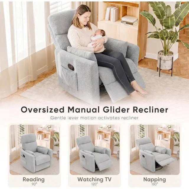 Alt view image 4 of 7 - Swivel Recliner Chair, Massage Nursery Rocking Chair with 2 Pillows, Comfy Single Sofa Glider Rocking Chair with Side Pockets for Living Room (Fabric, Grey)