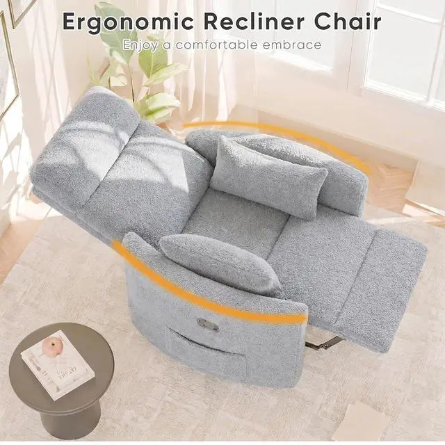 Alt view image 5 of 7 - Swivel Recliner Chair, Massage Nursery Rocking Chair with 2 Pillows, Comfy Single Sofa Glider Rocking Chair with Side Pockets for Living Room (Fabric, Grey)