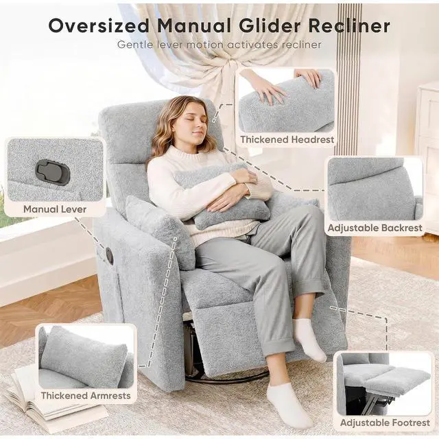 Alt view image 6 of 7 - Swivel Recliner Chair, Massage Nursery Rocking Chair with 2 Pillows, Comfy Single Sofa Glider Rocking Chair with Side Pockets for Living Room (Fabric, Grey)