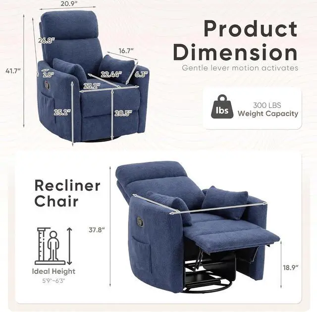 Alt view image 2 of 7 - Swivel Recliner Chair, Massage Nursery Rocking Chair with 2 Pillows, Comfy Single Sofa Glider Rocking Chair with Side Pockets for Living Room (Fabric, Blue)