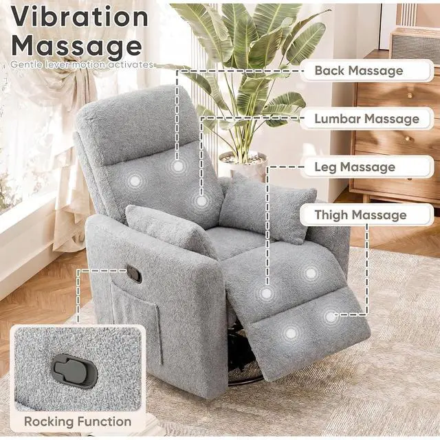 Alt view image 7 of 7 - Swivel Recliner Chair, Massage Nursery Rocking Chair with 2 Pillows, Comfy Single Sofa Glider Rocking Chair with Side Pockets for Living Room (Fabric, Grey)