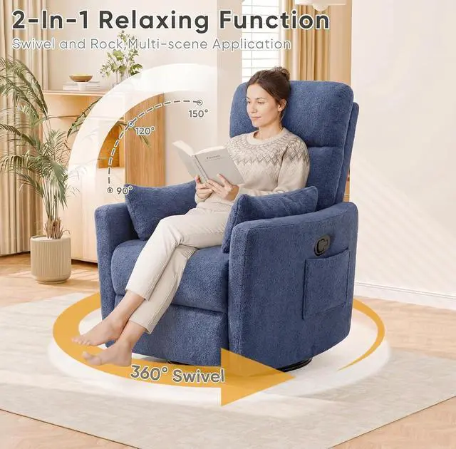 Alt view image 3 of 7 - Swivel Recliner Chair, Massage Nursery Rocking Chair with 2 Pillows, Comfy Single Sofa Glider Rocking Chair with Side Pockets for Living Room (Fabric, Blue)