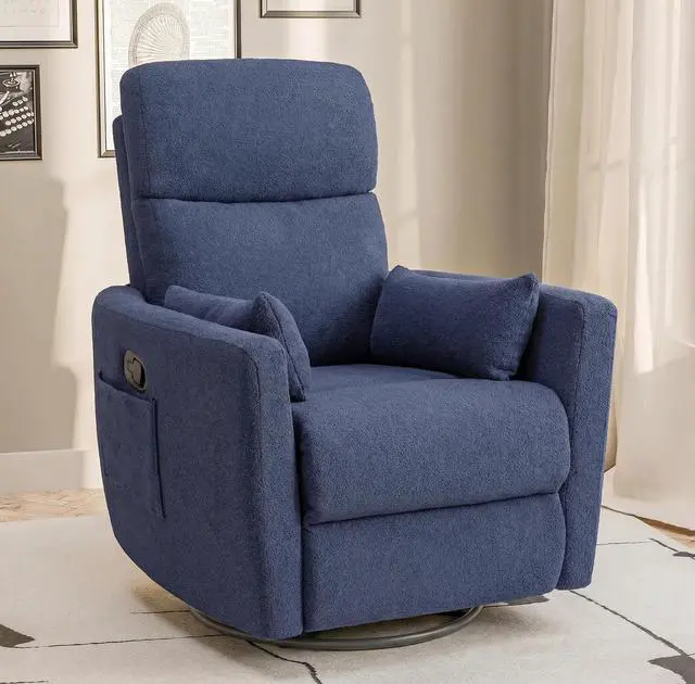 Main image of Swivel Recliner Chair, Massage Nursery Rocking Chair with 2 Pillows, Comfy Single Sofa Glider Rocking Chair with Side Pockets for Living Room (Fabric, Blue)