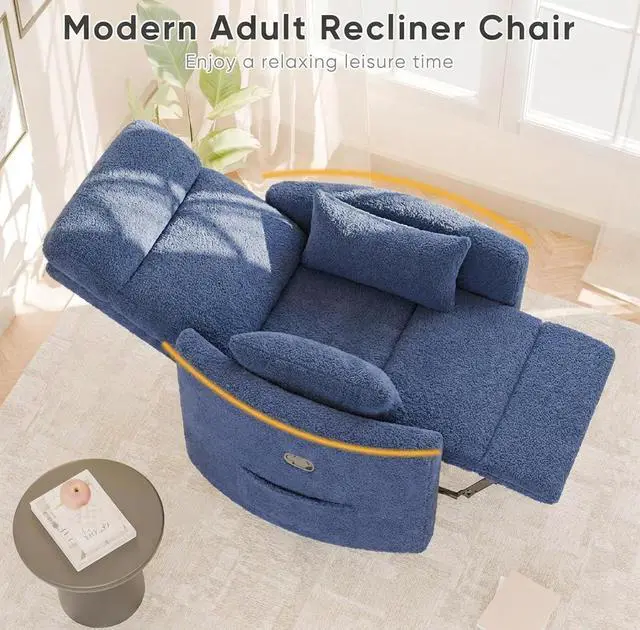 Alt view image 4 of 7 - Swivel Recliner Chair, Massage Nursery Rocking Chair with 2 Pillows, Comfy Single Sofa Glider Rocking Chair with Side Pockets for Living Room (Fabric, Blue)