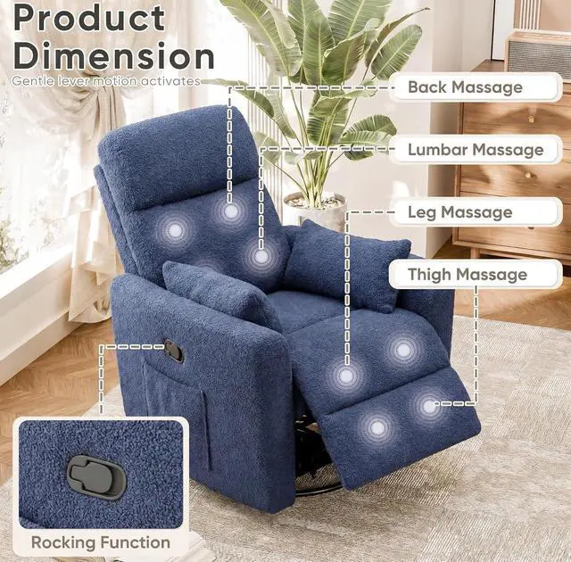 Alt view image 5 of 7 - Swivel Recliner Chair, Massage Nursery Rocking Chair with 2 Pillows, Comfy Single Sofa Glider Rocking Chair with Side Pockets for Living Room (Fabric, Blue)